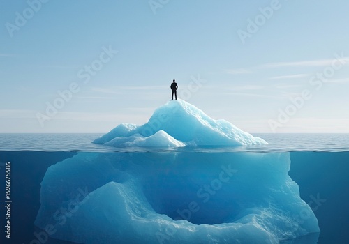 Businessman standing on a large iceberg with its hidden mass underwater