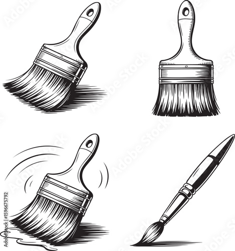 Hand drawn style old wooden paint brushes isolated on transparent background