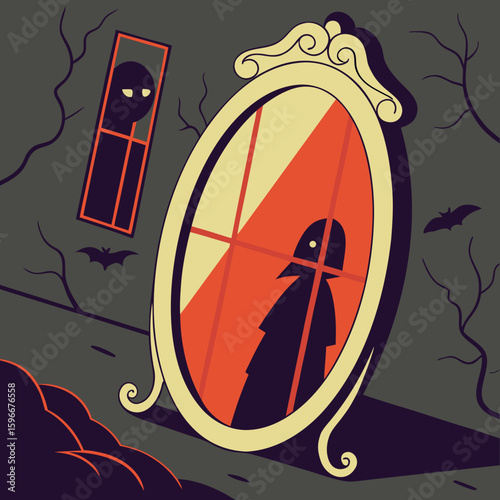 Spooky haunted mirror reflecting a ghostly figure in a dark room