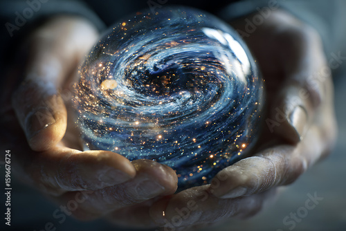 Hands holding a glowing sphere showing a spiral galaxy, destiny and universe concept