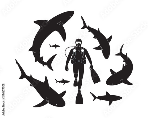 Underwater Silhouette of Scuba Diver Surrounded by Sharks Vector   
