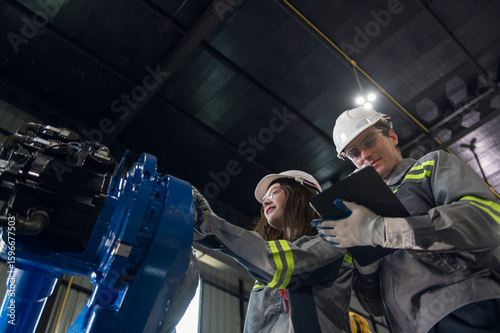 Engineer standing by robotic arm and operating machine in industry factory, technician worker check for repair maintenance electronic operation