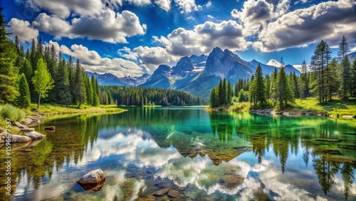 A stunning mountain lake reflects the scenic sky and surrounding forest, showcasing nature's serene landscape