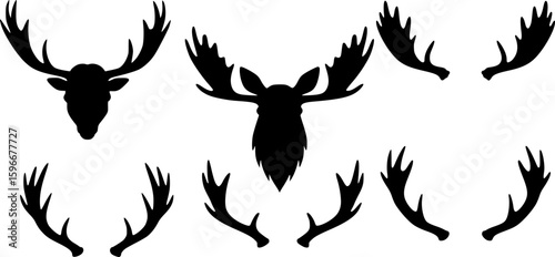 moose head, moose horn black silhouette vector, set pack Simple silhouette Design vector icon with white background. Wild Animal vector illustration

