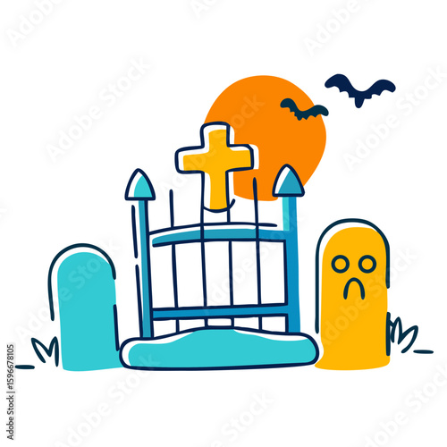 Playful graveyard gate icon with whimsical ghosts and a bright orange sun