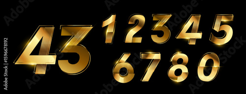 Golden Number 3D Style Font. One to Nine Isolated Letters. Birthday golden numbers Vector design elements. Golden Shiny numbers set. Vector 3d illustration. Realistic shiny characters. 