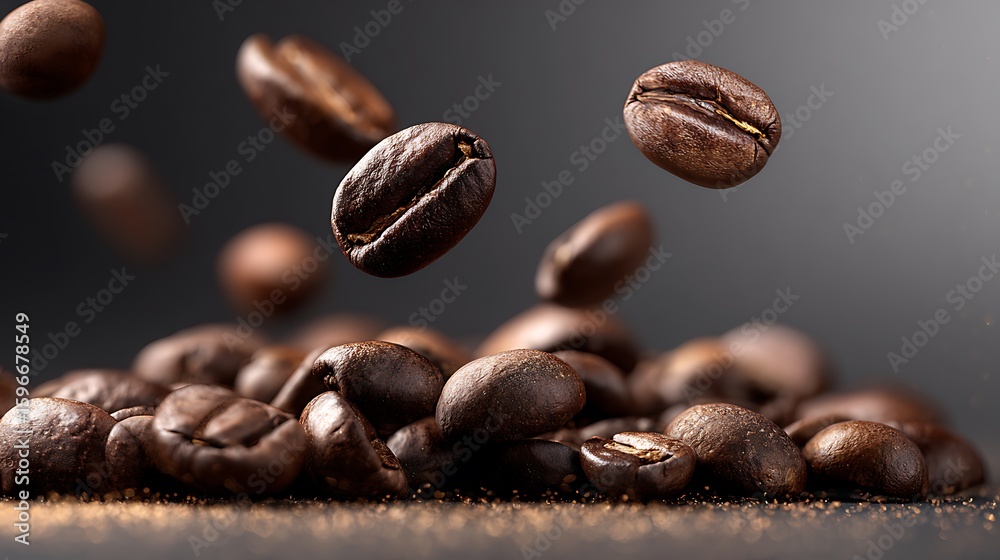 Fototapeta premium Coffee beans falling mid-air with shallow depth of field