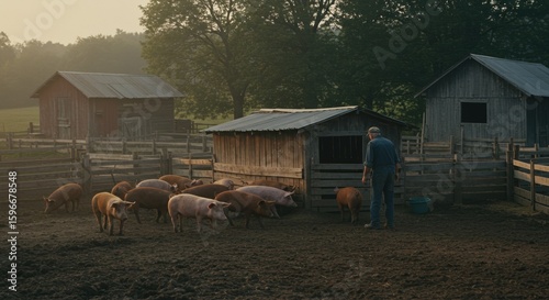 Farmer tending pigs at sunrise in rustic wooden farm setting