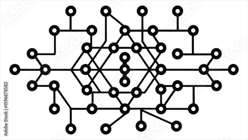 Intricate geometric network diagram featuring interconnected nodes and lines resembling a complex abstract structure or a stylized snowflake pattern