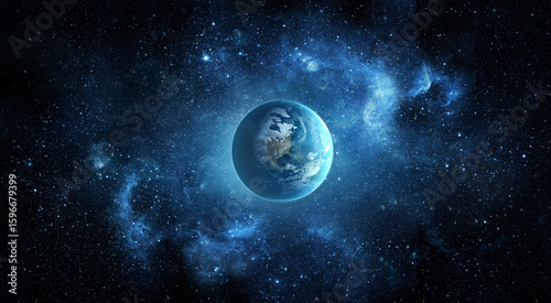 Fototapeta Naklejka Na Ścianę i Meble -  Panoramic view of the Earth, stars and galaxy. Planet Earth, view from space. Space fantasy. Elements of this image furnished by NASA.