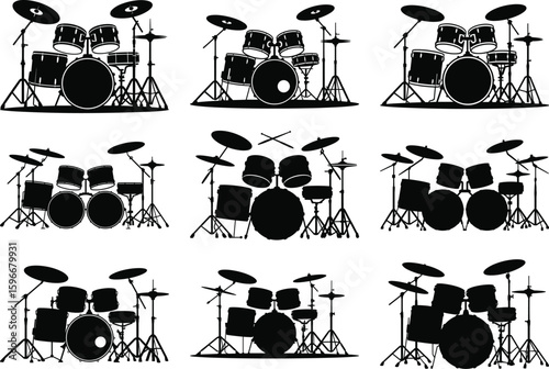 Drum Set Silhouette Bundle – Music Instrument Vector, Percussion Kit Clipart, Rock Band Elements