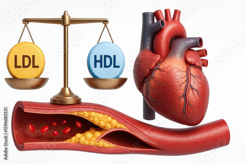 Cholesterol balance concept with LDL and HDL on scale, human heart anatomy, and artery showing plaque buildup affecting blood flow and cardiovascular health