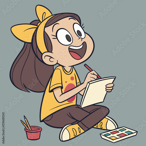Illustration of cute happy girl drawing painting art education creative hobby cartoon character design vector art