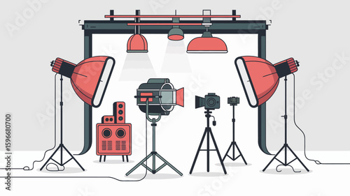 Photography Studio Setup Lights, Camera, Backdrop Illustration for Creative Projects