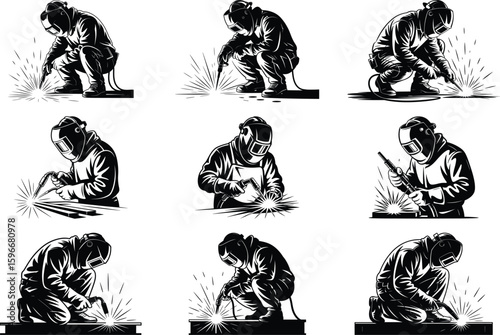 Welder Silhouette Vector Bundle – Industrial Worker, Welding Helmet, Construction Clipart Set