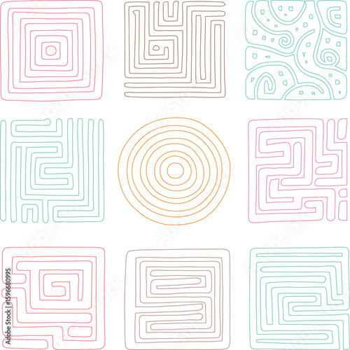 A minimalist childish doodles maze vector pattern features nine hand-drawn labyrinth and spiral shapes in soft pastel colors. Each square showcases a unique, winding design