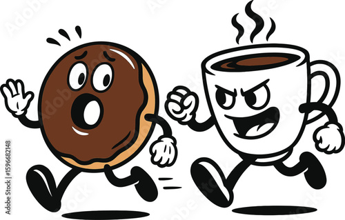 Funny Cartoon Donut Running from Angry Coffee Cup Vector Illustration