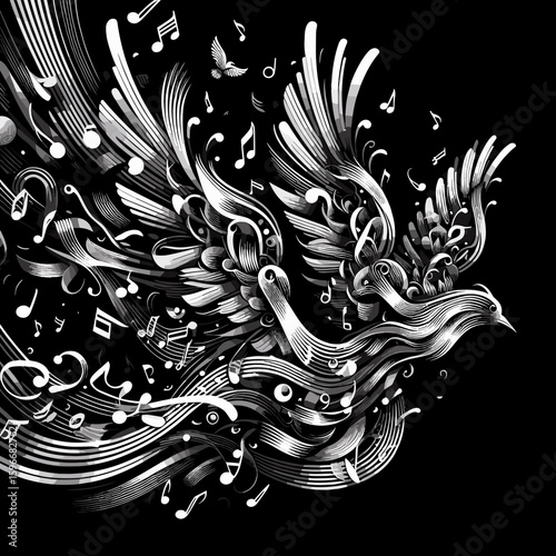 Artistic illustration of a bird with musical notes representing freedom and creativity on a dark background