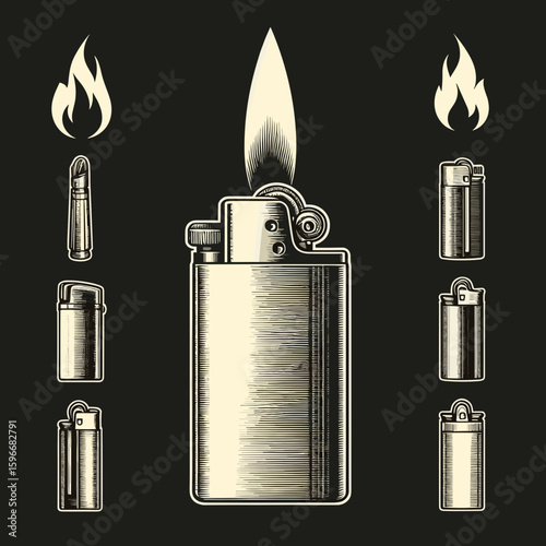 Vintage lighter illustration showcasing various designs and flames representing fire and utility on a dark background
