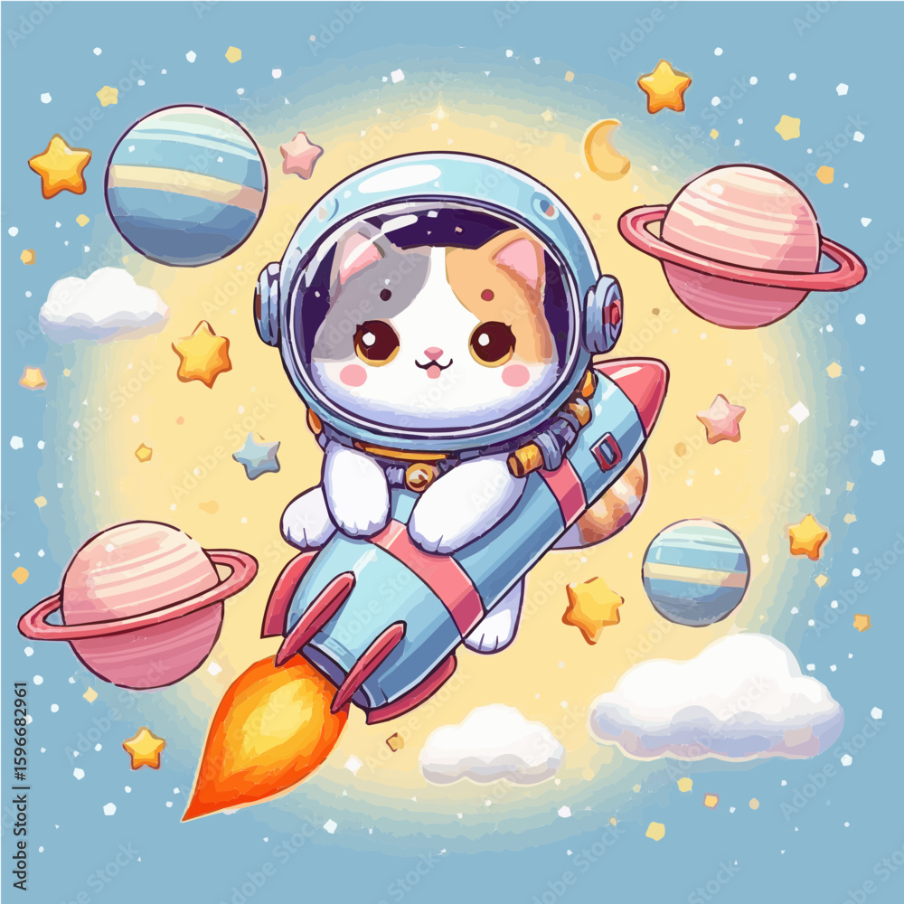 Adorable cat astronaut floating in space with stars and rocket vector illustration Adorable cat astronaut floating in space with stars and rocket vector illustration