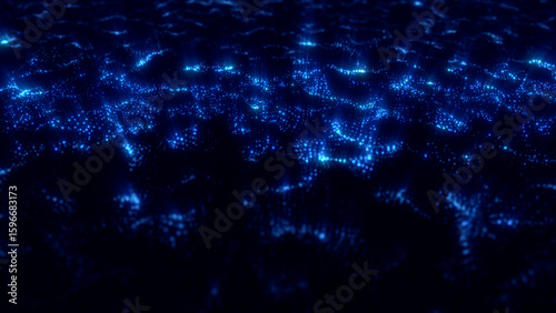 Digital 3D surface made of glowing blue dots. Futuristic tech terrain background with dynamic depth and grid wave motion. Perfect for science, data, or AI themes.
