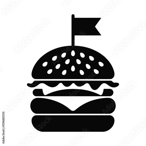 Burger with flag toothpick on top, black and white silhouette vector illustration