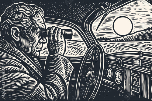 A detective or spy sits in a classic car, watching through binoculars at a moonlit shore. Vintage film noir vector in a woodcut or linocut style.