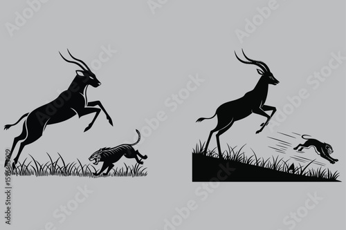 Antelope running from predator silhouette vector design art and illustration