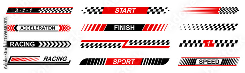 Racing cars and race car stripes set. Checkered patterns, checkered flag, start and finish line, motocross labels, dynamic lines, motorsport, racing stripe speed, sport decals, tuning stickers