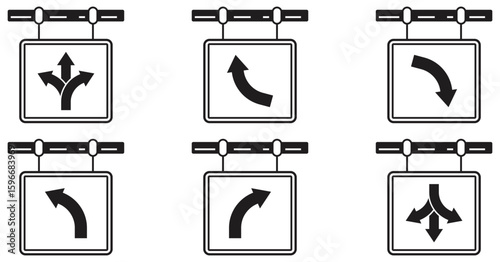 Collection of Directional Road Sign Icons for Navigation Guidance.