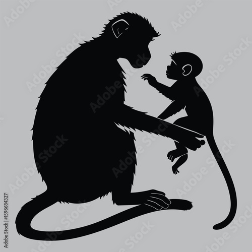 Vervet monkey playing with baby silhouette vector design art and illustration
