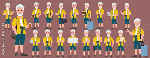 Traveler character model sheet, Character poses, expressions, Walk cycle, Run cycle animated character sequences.