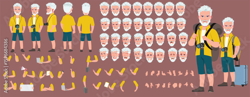 Traveler character model sheet, Character poses, expressions, Walk cycle, Run cycle animated character sequences.