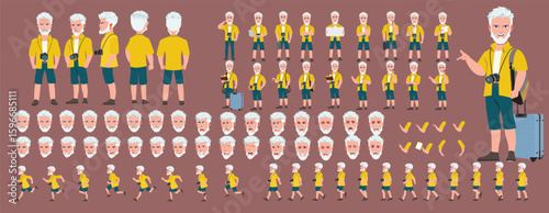 Traveler character model sheet, Character poses, expressions, Walk cycle, Run cycle animated character sequences.