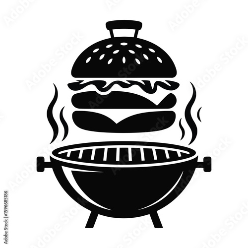 Silhouette of a burger being grilled on a BBQ grill from top view, black and white vector illustration