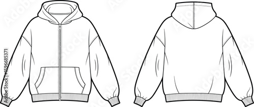 Oversized Unisex Zip-Up Hoodie Fashion Technical Sketch Comfortable Casual Loungewear Apparel Design Template,  Front and Back Views, Streetwear Style, Editable Vector Illustration