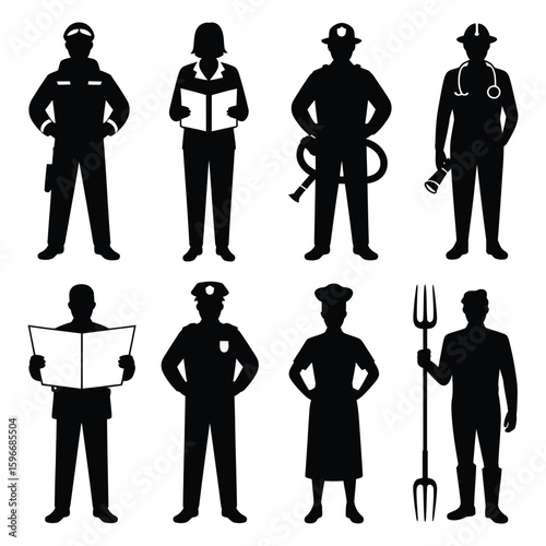 Black silhouettes of eight different professions on a white background occupation worker