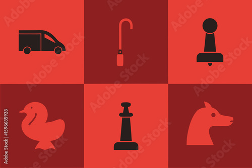 Black and red icons of van duck chess pieces and horse set of silhouettes
