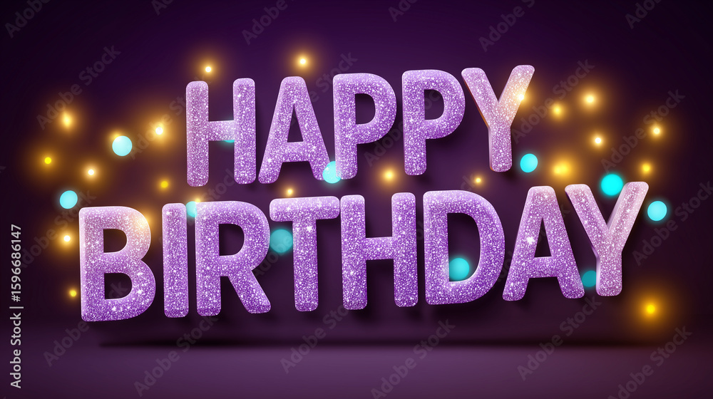 Sparkling Happy Birthday Text Effect with Festive Lights on Dark Purple Background