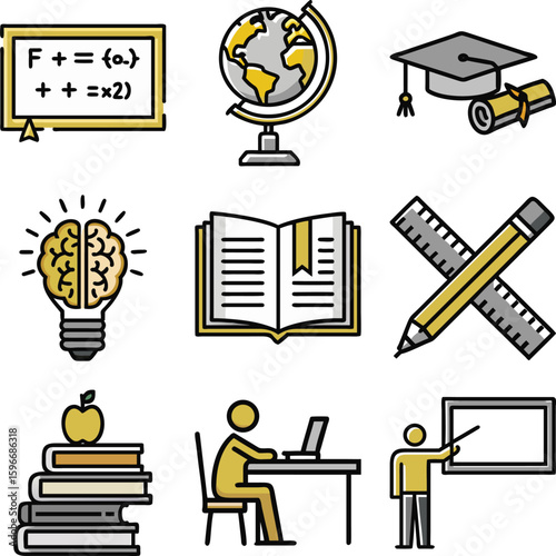 Vector collection of education and learning themed icons featuring school elements and educational symbols in a flat style.