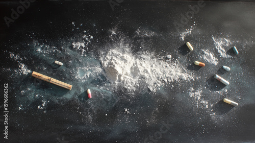 Powder and Pills on Black Surface – Concept of Drug Addiction or Substance Abuse