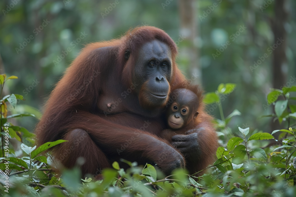 Fototapeta premium Orangutan mother cradles her infant among leaves in lush foliage