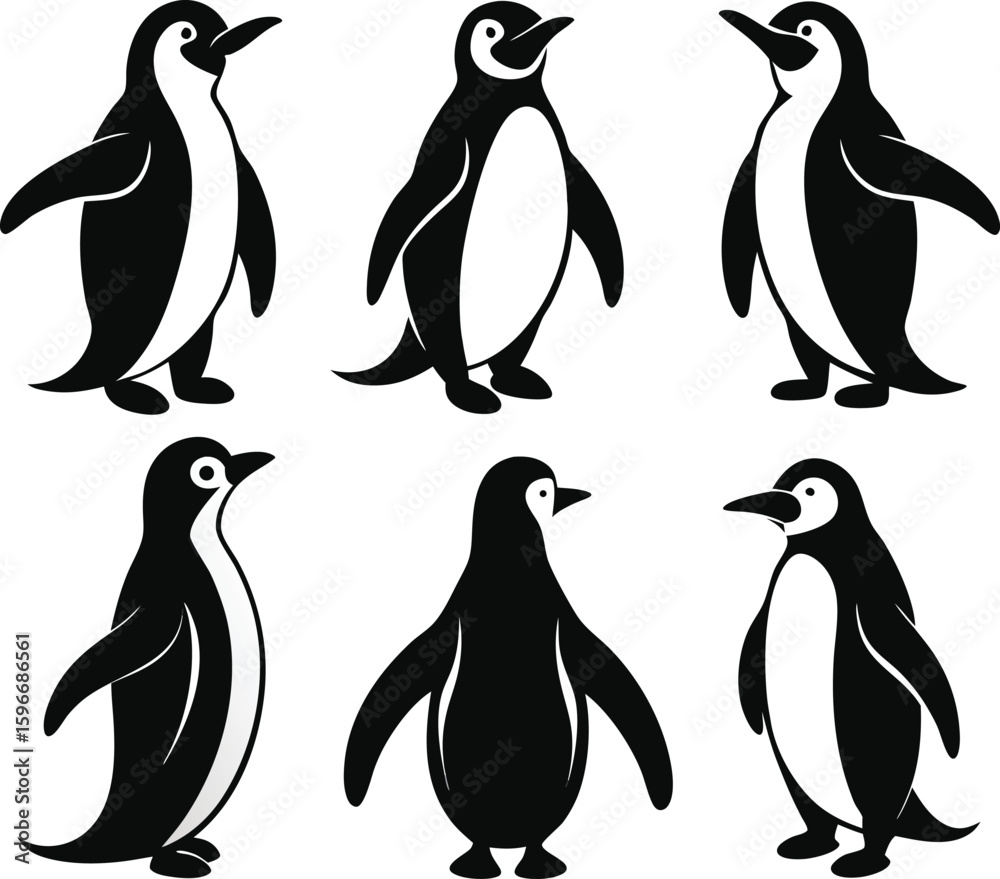 Naklejka premium A charming vector illustration of a set of cartoon penguins on a cold, snowy beach