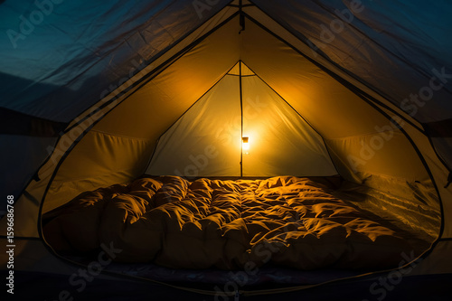 Lit tent interior shows sleeping bag beneath yellow light