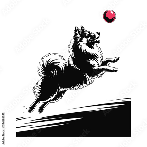Silhouette of an American Eskimo Dog mid-play leaping after ball, dynamic black and white vector illustration