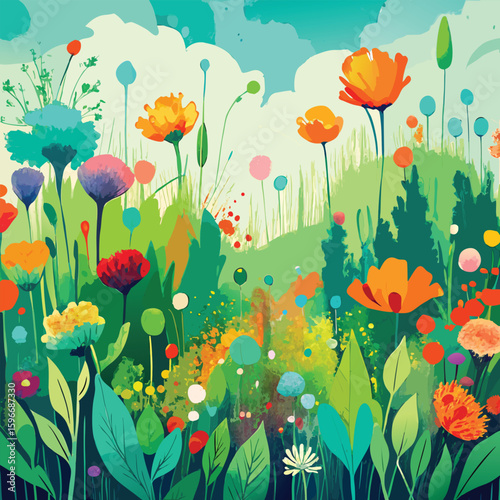 Vibrant red poppies and diverse wildflowers dance in a sun-drenched summer field, alive with fluttering butterflies under a clear blue sky