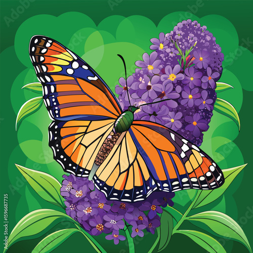 Vibrant monarch butterfly, a beautiful insect with orange and black wings, delicately feeding on a colorful purple flower in a summer garden, captured in a vector illustration