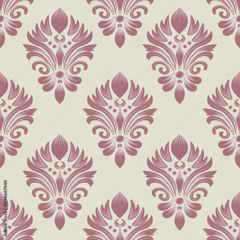 Fototapeta premium seamless damask pattern with red flowers, vintage style, vector illustration elegant for textile, wall paper, rug, curtains, cushion cover, bedding, upholstery fabric, scarf, decoration, Baroque