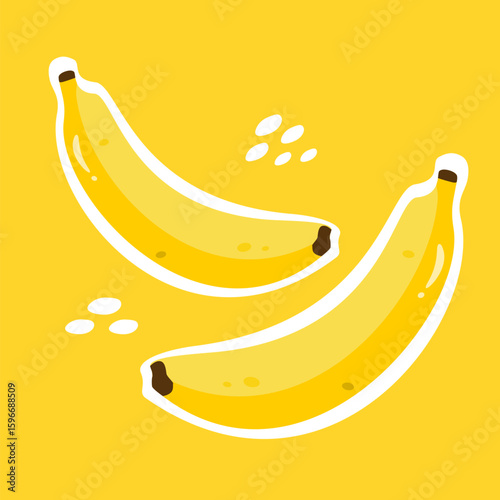 Cute banana sticker illustration with yellow background. Tropical fruit cartoon