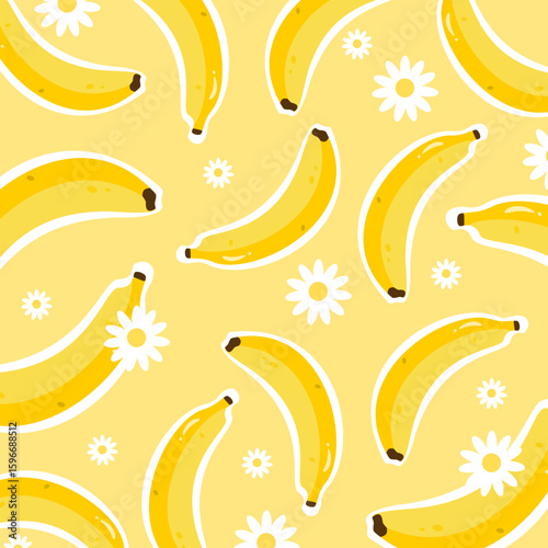 Cute banana seamless pattern with white outline and flower decoration. Banana decoration. Can be used for wallpaper, paper wrapping, print, kid room and fashion fabric